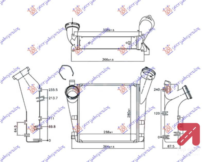 HLADNJAK INTERKULERA 4.8TURBO - S (288x280x62)ALU Desna str. PORSCHE CAYENNE (2003-2010) (OEM: 7L5145804B, 95511064000, 95511064001)