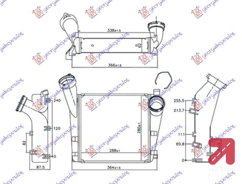 HLADNJAK INTERKULERA 4.8TURBO - S (288x280x62)ALU Leva str. PORSCHE CAYENNE (2003-2010) (OEM: 7L5145803B, 95511063901)